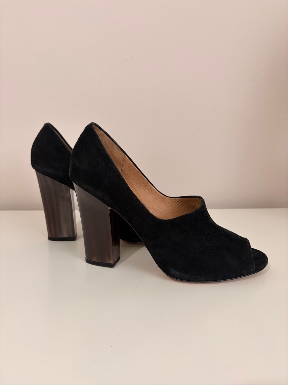 Coach Black Suede Peep-Toe Block Heel Pumps